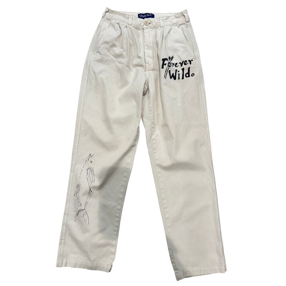 Only NY Forever Wild Neutral Men's Chino Pants Size 28 Cotton Handpainted